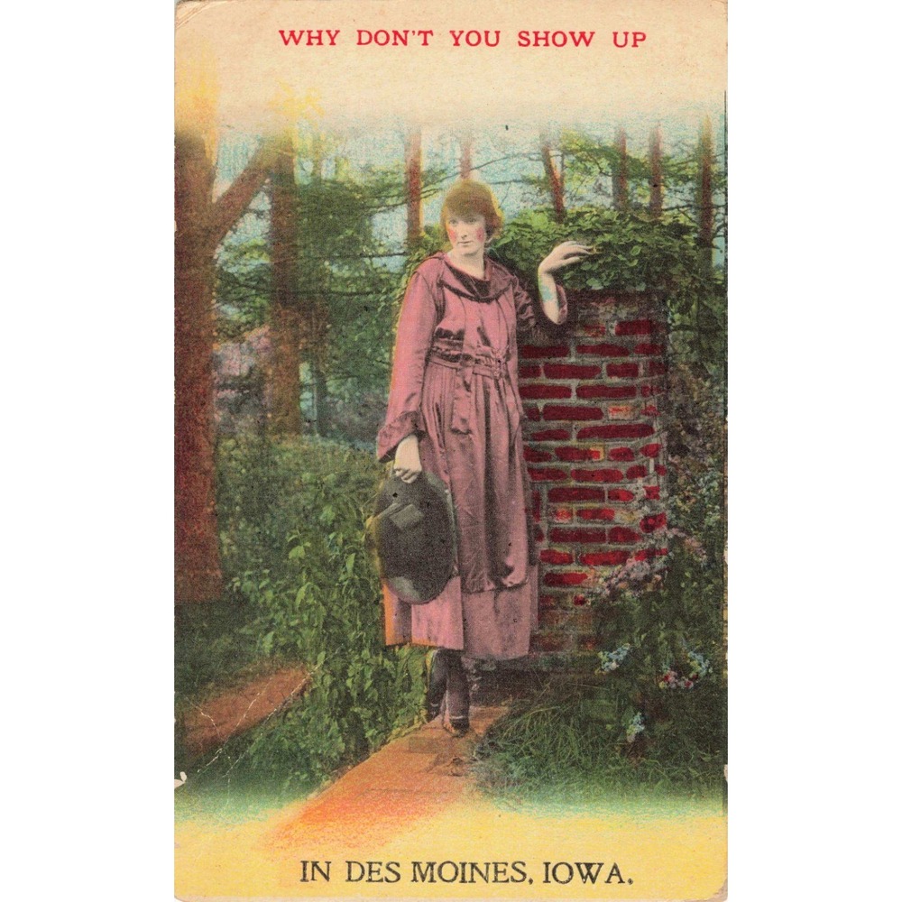 Vintage 1915 Des Moines Iowa Postcard Woman Pink Dress Bamforth Co Why Don't You - Picture 1 of 2